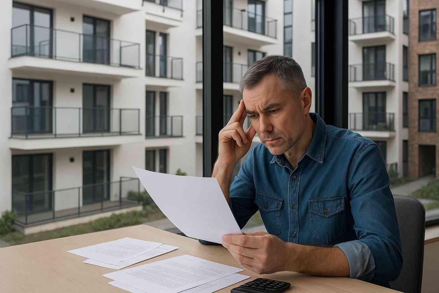 A worried man sitting at a desk in a modern office, reviewing a document in front of a window facing a residential building, a scene that reflects the challenges of managing a residents' committee.