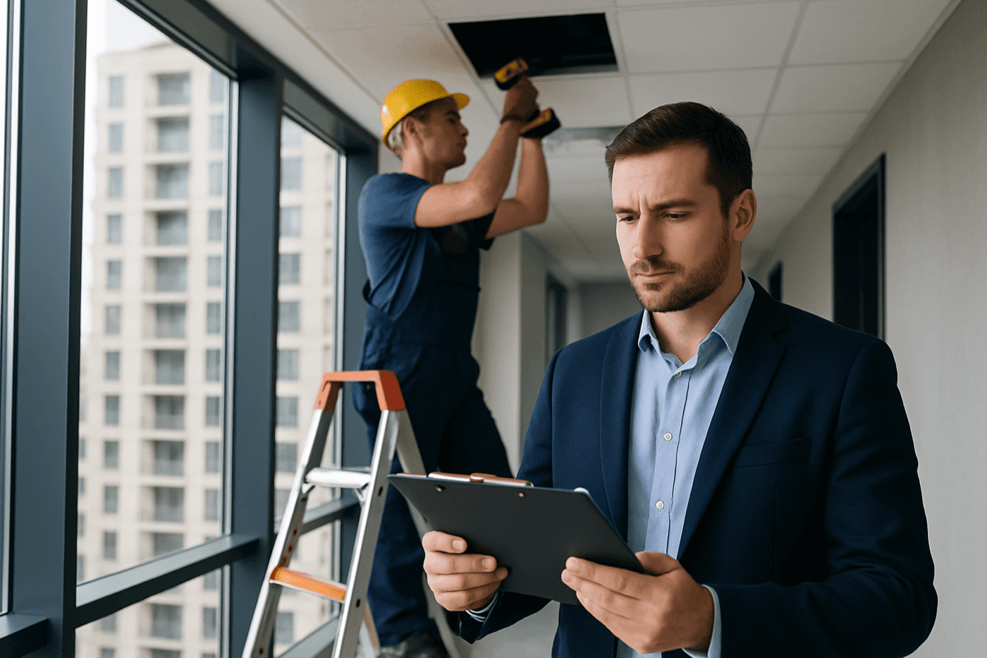 A maintenance manager checks a form on a clipboard in an office building hallway, while a technician in a yellow hard hat makes repairs to the ceiling in the background.