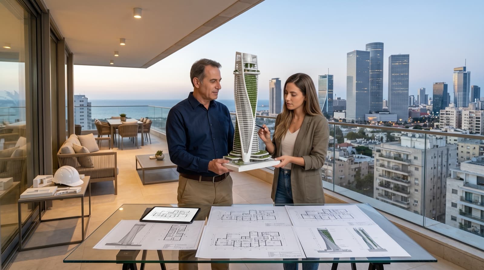 A maintenance consultant and a property owner review a model of a tower and architectural plans.