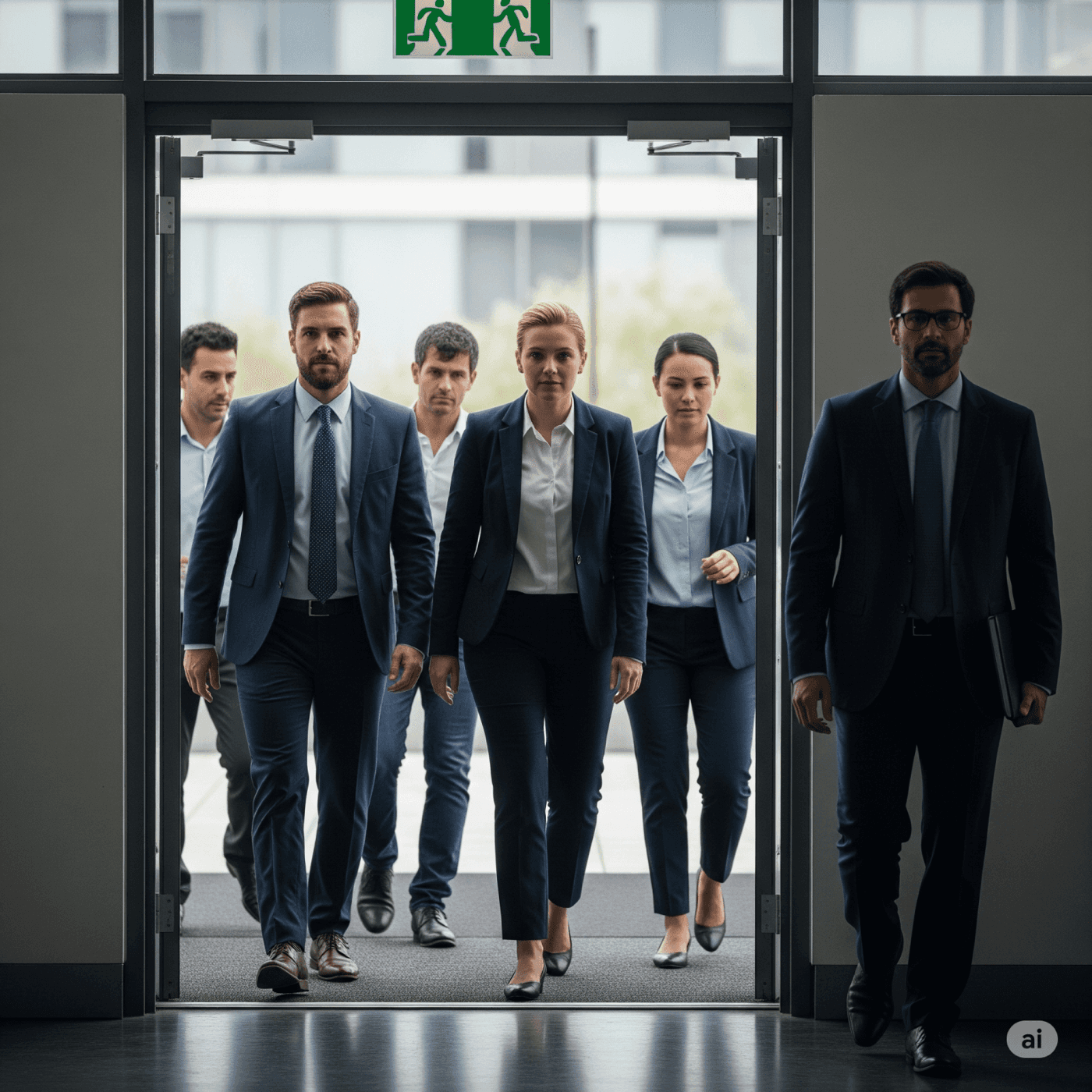 An office team leaving through an emergency door under a green exit sign.